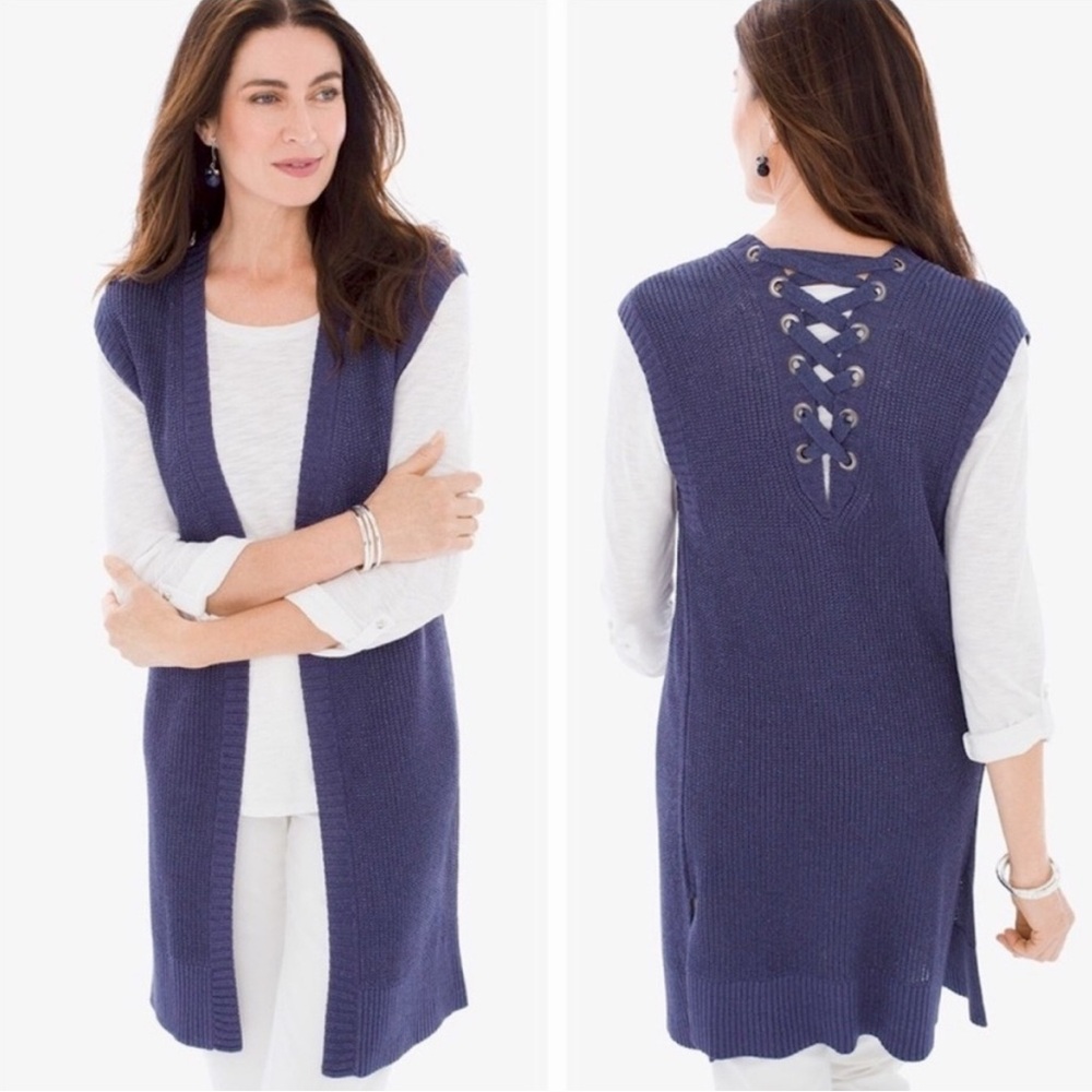 Chico’s Lace Up Back Sleeveless Duster Sweater Vest Maureen 3 (US XL 16) NWT